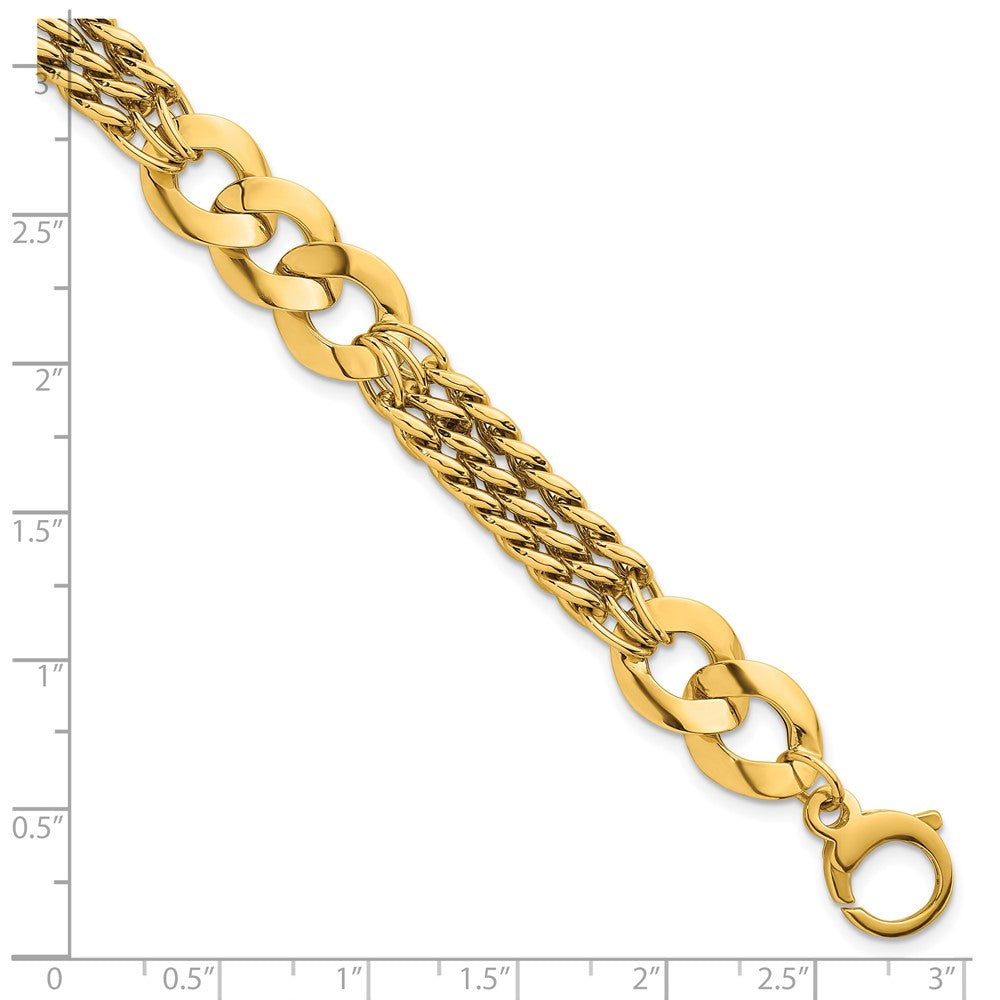 14K Yellow Gold Polished 11.1mm Lightweight Link and Triple Strand Fancy Curb Chain Bracelet
