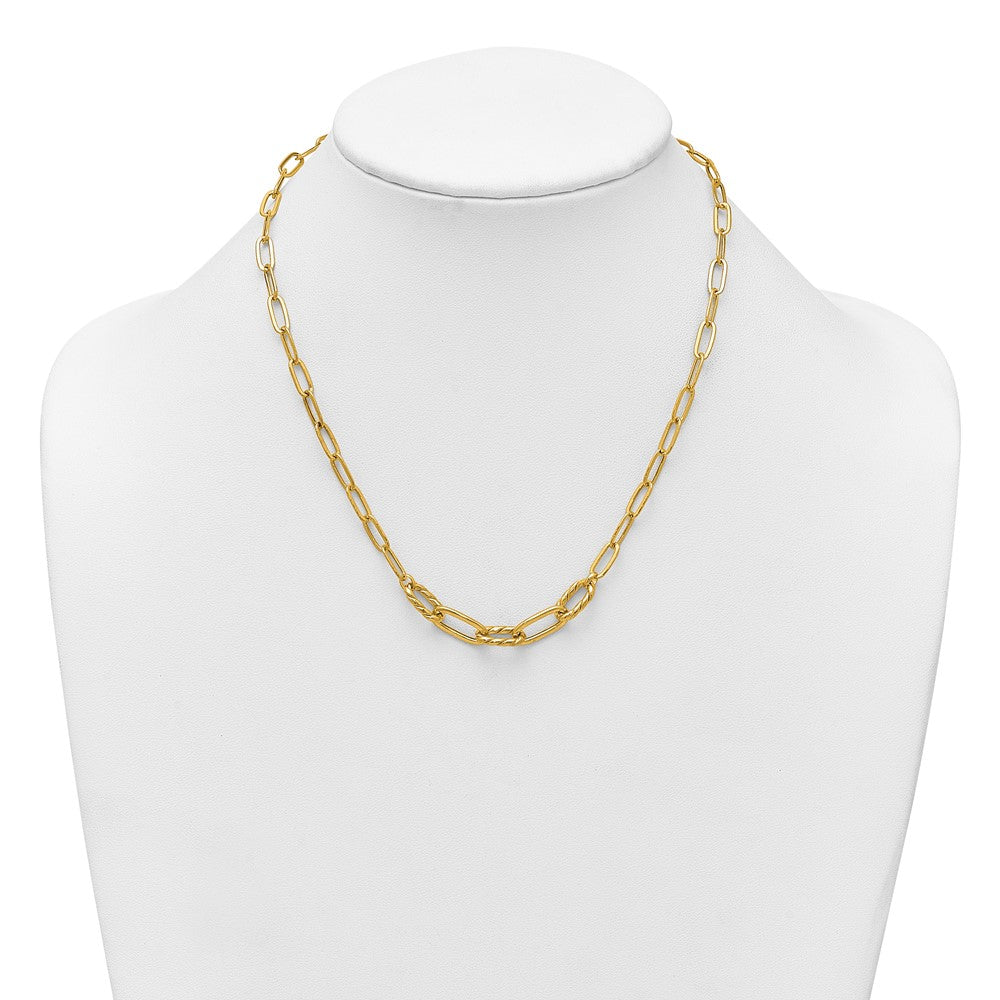 14K Yellow Gold Polished Fancy Oval and Twisted Link 18 Inch Paperclip Necklace