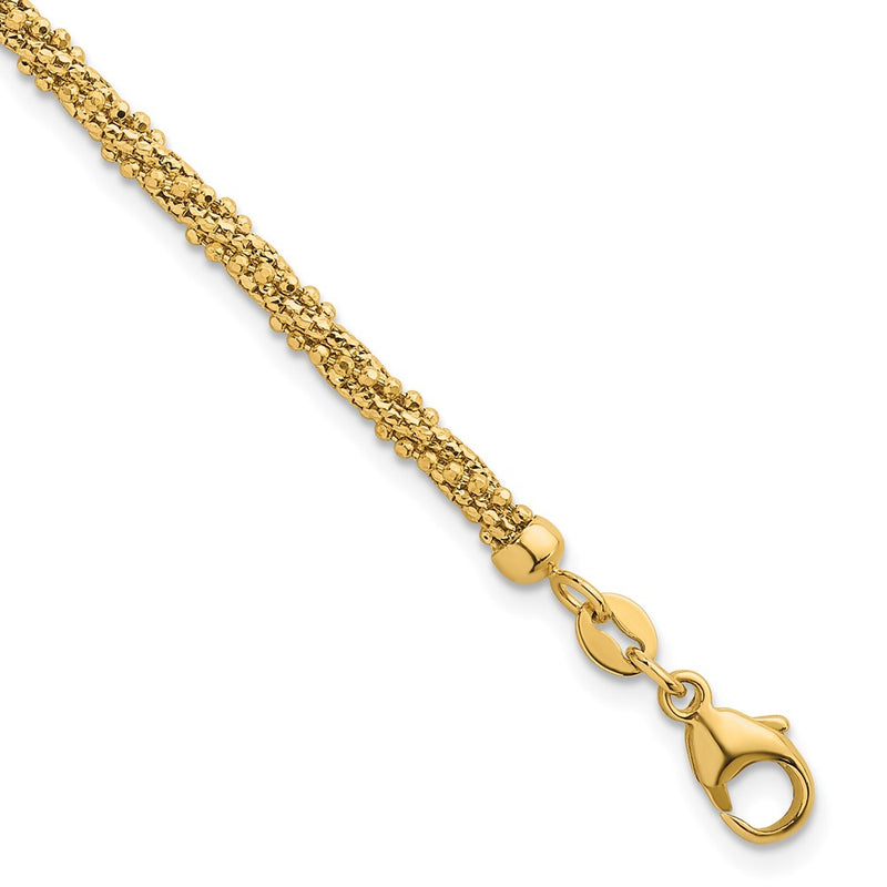 14K Yellow Gold Polished and Textured 3mm Twisted Mesh Fancy Beaded Chain Bracelet