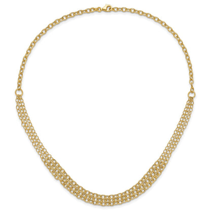14K Yellow Gold Polished and Textured Fancy Cable with 3-Strand Bib 17 Inch Necklace