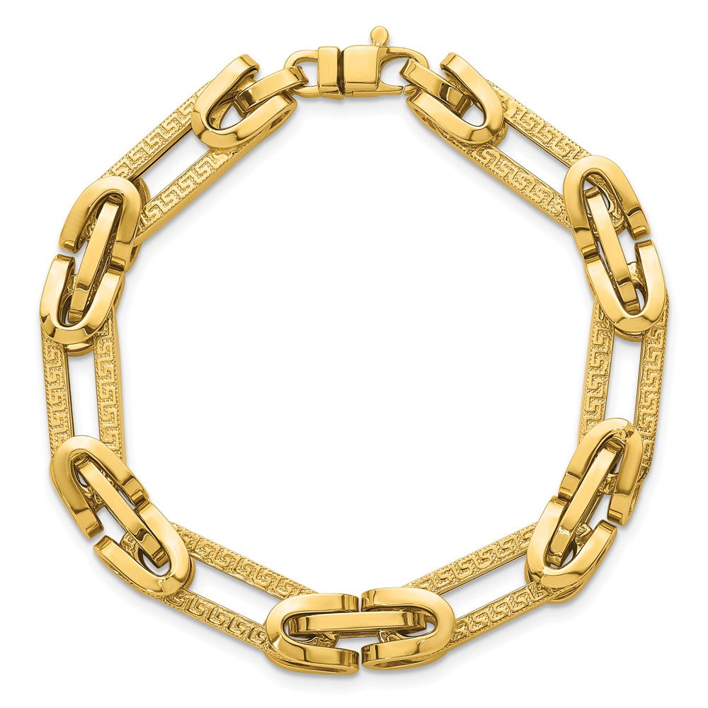 14K Yellow Gold Polished and Textured 7.6mm Fancy Greek Key Design Oval Link 7.25 Inch Bracelet