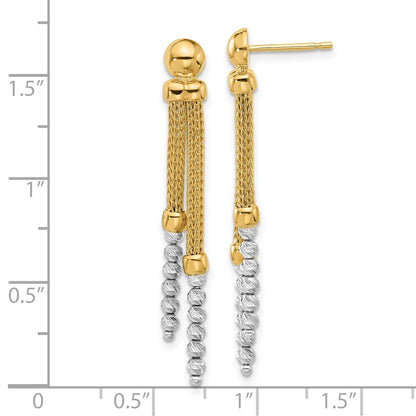 14K Two-Tone Gold Two-tone Polished and Diamond-cut Beads and Mesh Chain Dangle Post Earrings