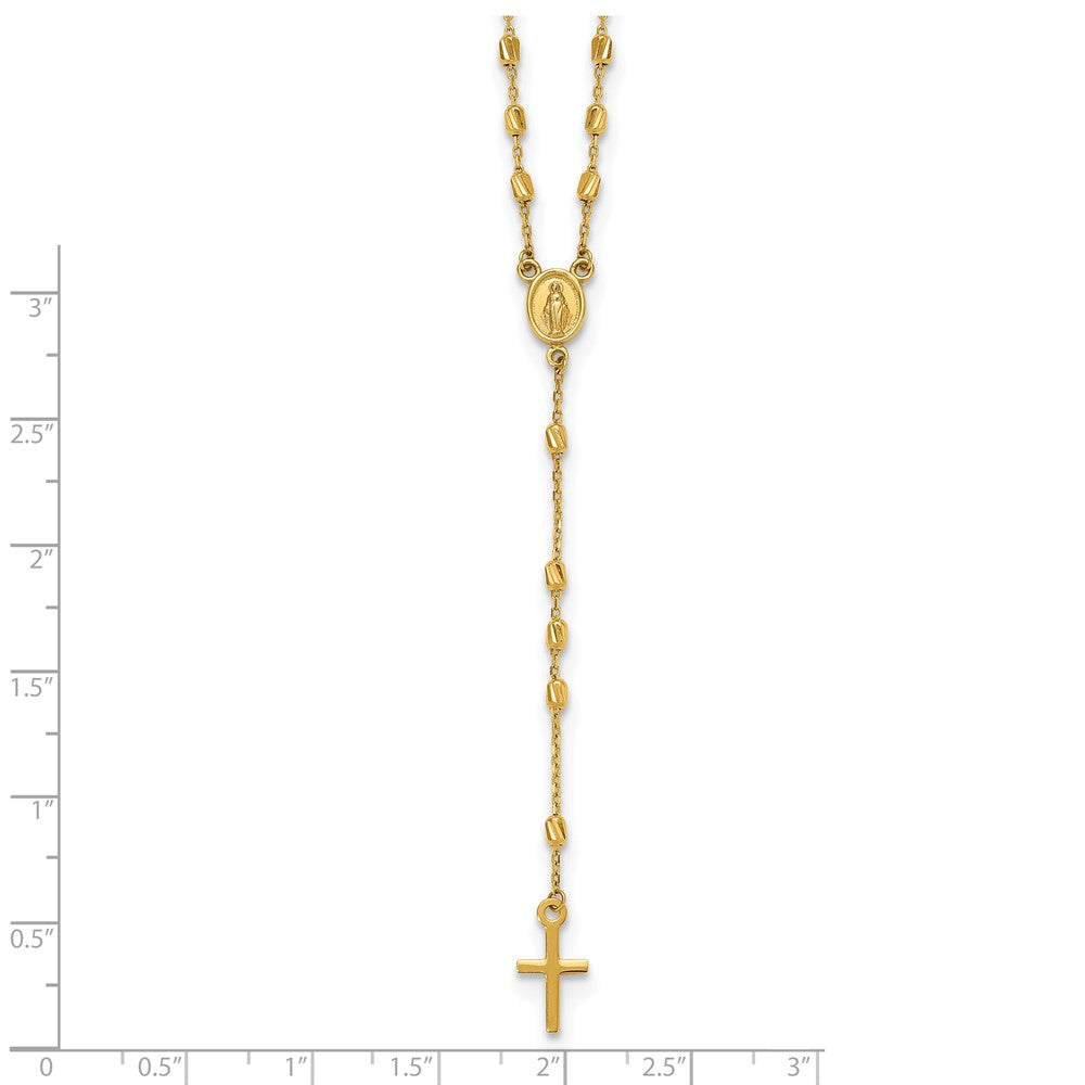 14K Yellow Gold Polished Cross and Miraculous Medal Diamond-cut Beaded 16.75 Inch Rosary Necklace with 2 Inch Extender