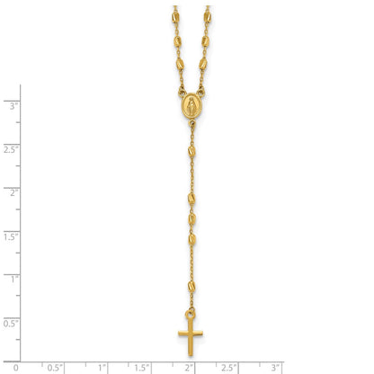 14K Yellow Gold Polished Cross and Miraculous Medal Diamond-cut Beaded 16.75 Inch Rosary Necklace with 2 Inch Extender