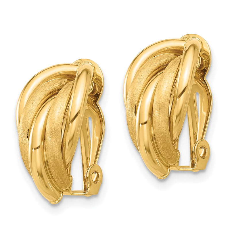 14K Yellow Gold 10x18mm Polished and Satin Curved Omega Back Non-pierced Earrings