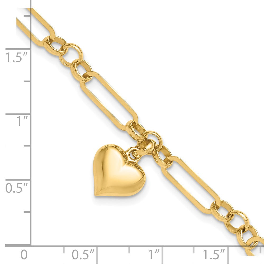 14K Yellow Gold Polished Puffed Heart Charm Dangle Figaro Link 7.5 Inch Bracelet