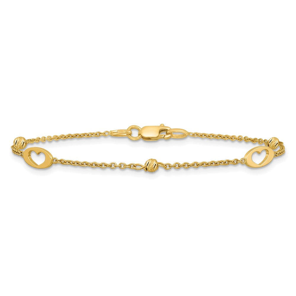 14K Yellow Gold Polished Cut-out Hearts and Diamond-cut Beads 7.5 Inch Bracelet