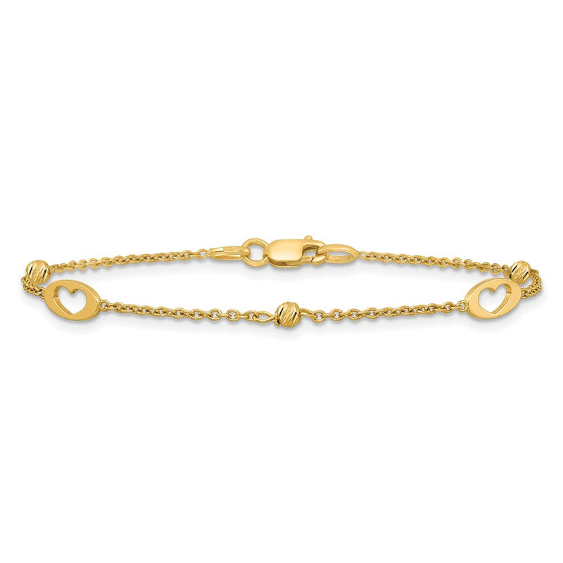 14K Yellow Gold Polished Cut-out Hearts and Diamond-cut Beads 7.5 Inch Bracelet
