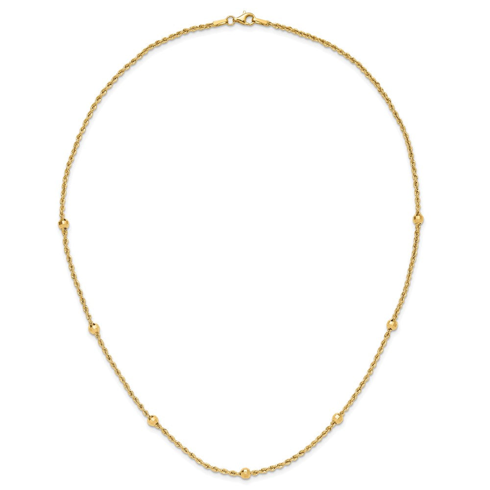 14K Yellow Gold Mirror Beads and Diamond-cut Rope Chain 7-Station 18 Inch Necklace