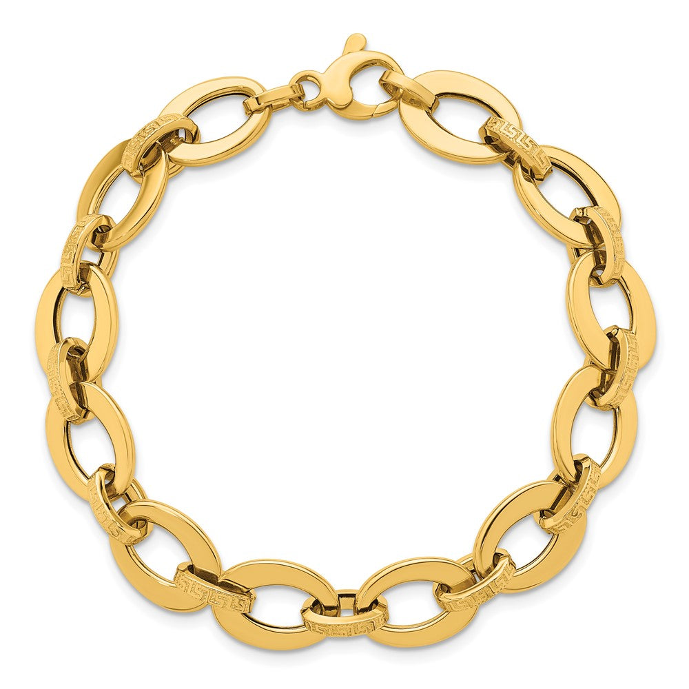 14K Yellow Gold Polished and Textured Greek Key Etched 10mm Fancy Oval Link 7.75 Inch Bracelet