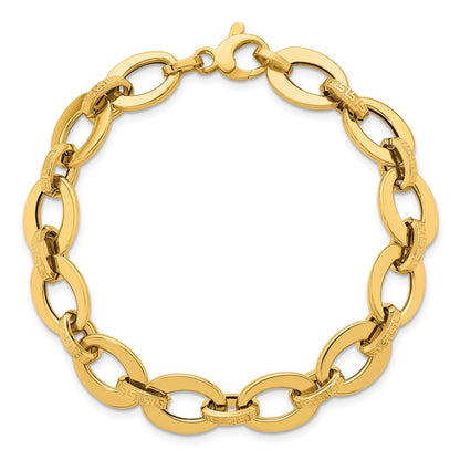 14K Yellow Gold Polished and Textured Greek Key Etched 10mm Fancy Oval Link 7.75 Inch Bracelet