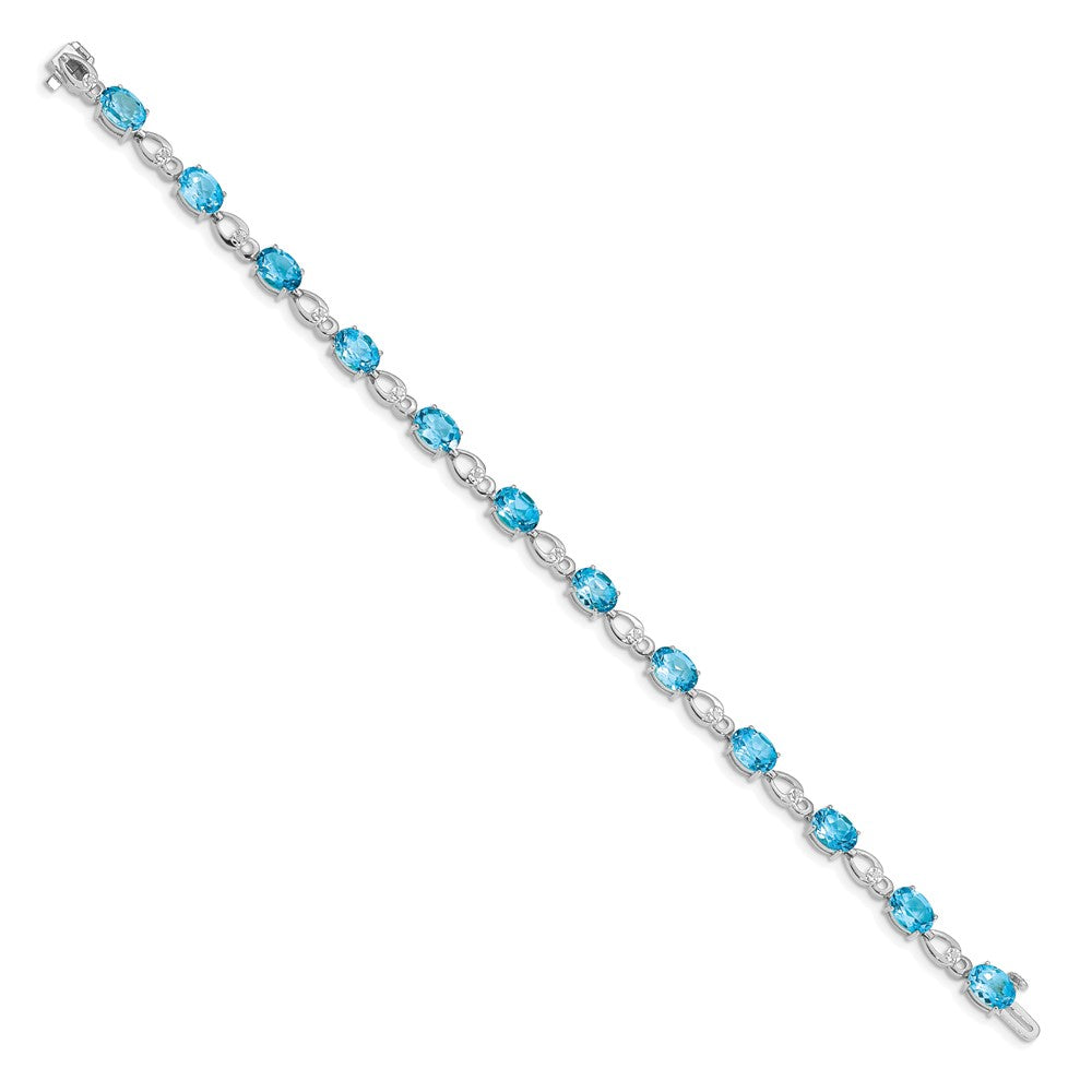 14K White Gold Complete Oval Swiss Blue Topaz and Diamond Fancy Link 7 Inch Bracelet