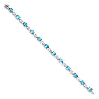 14K White Gold Complete Oval Swiss Blue Topaz and Diamond Fancy Link 7 Inch Bracelet