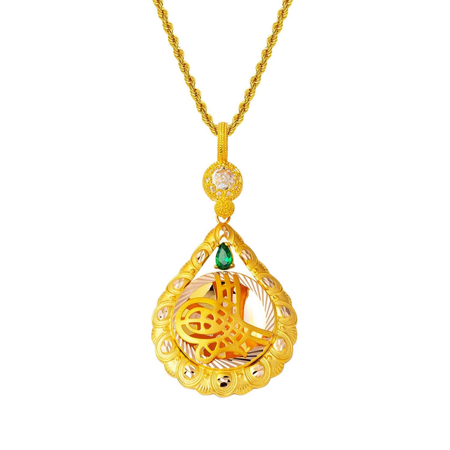 14K Yellow Gold Teardrop Ottoman Tughra Green Cubic Zirconia Necklace (8.24 g)