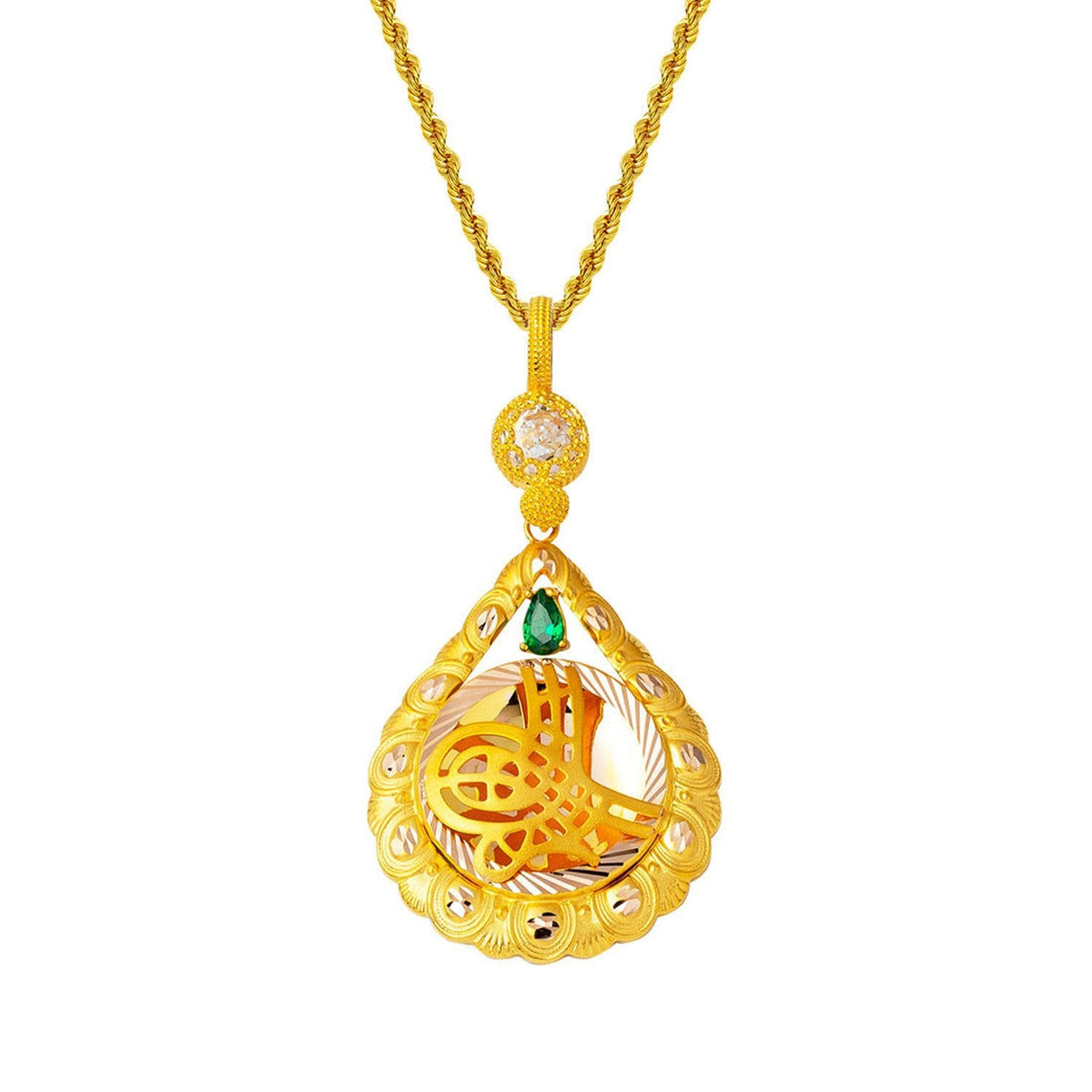 14K Yellow Gold Teardrop Ottoman Tughra Green Cubic Zirconia Necklace (8.24 g)
