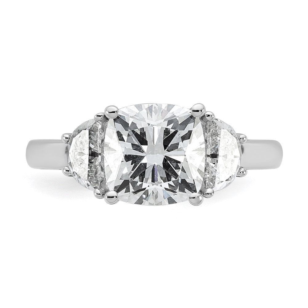 14K White Gold 3 1/8 carat Certified Lab Grown Diamond VS+ F+ Complete Cushion and Half Moon Three Stone Engagement Ring