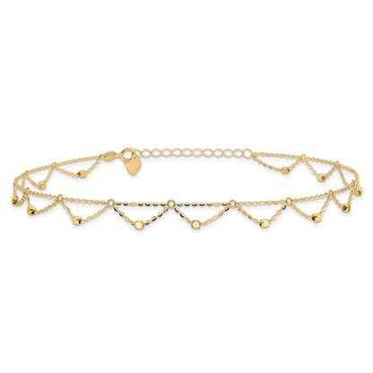 14K Yellow Gold Diamond-cut Fancy Beaded Plus Extender Total Chain Anklet
