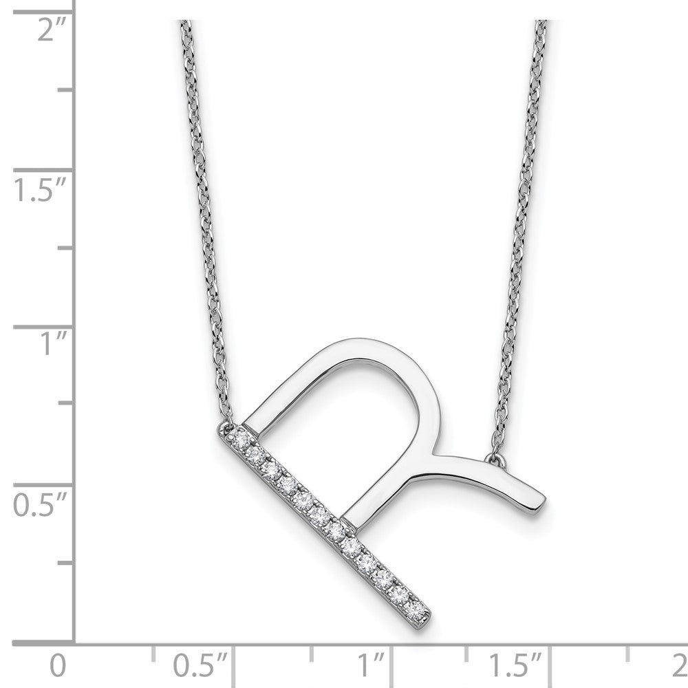 14K White Gold Sideways Diamond Initial R 18 Inch Necklace