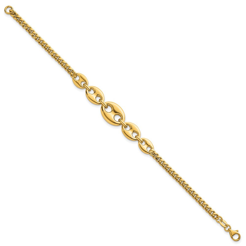 14K Yellow Gold Polished Graduated Puffed Mariner and Curb Link 7 Inch Bracelet