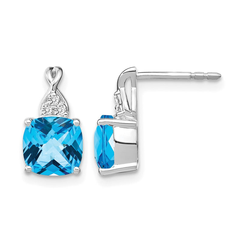 14K White Gold 7mm Cushion Checkerboard December/Blue Topaz and Diamond Post Earrings