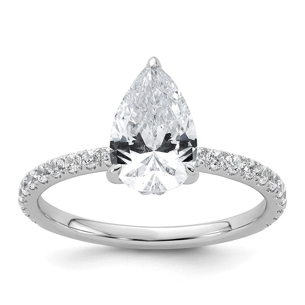 14K White Gold 2 carat Certified Lab Grown Diamond VS/SI+ G+ Pear Complete Solitaire with Flair Engagement Ring