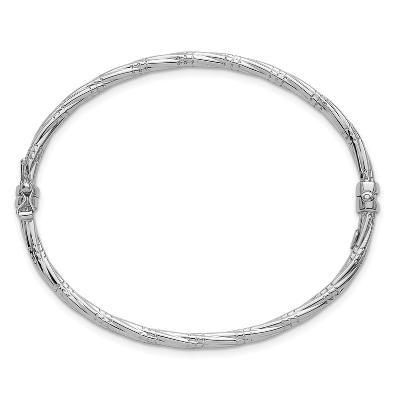 14K Yellow Gold with Rhodium Polished and Textured 2.90mm Twisted Hinged Oval Bangle Bracelet