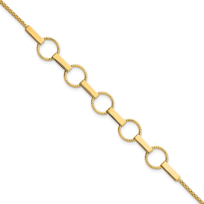 14K Yellow Gold Polished and Textured Circles and Bars 7.5 Inch Bracelet