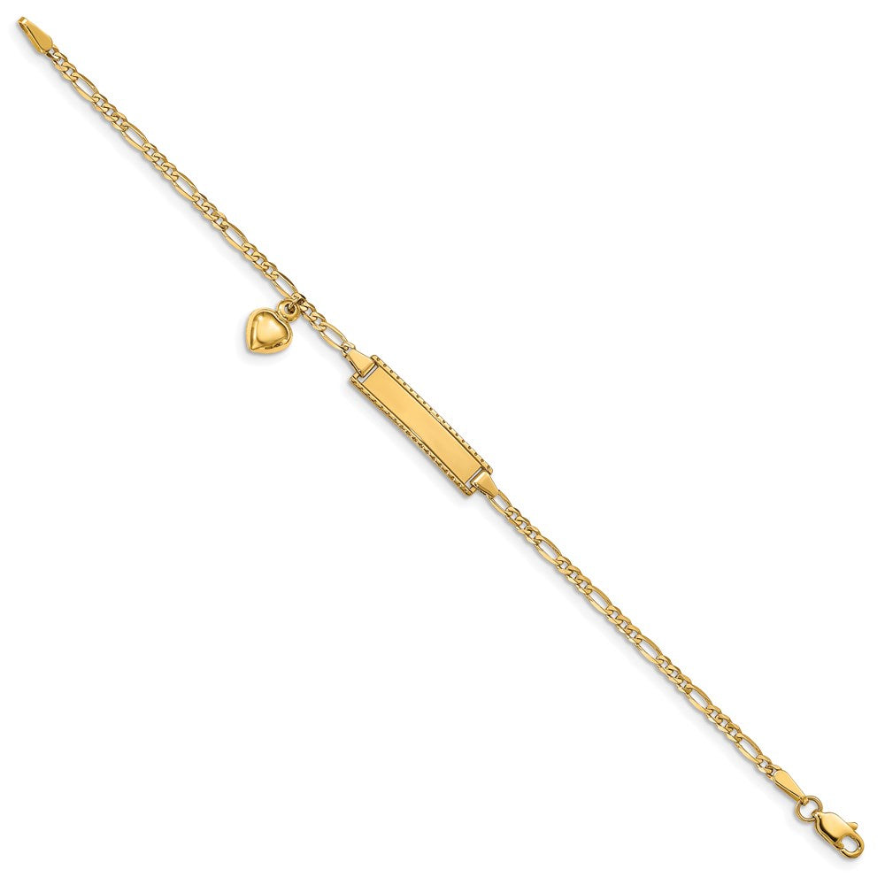 14K Yellow Gold Polished Solid Chain/Solid Plate Heart Dangle Figaro Link 21x6mm Plate 5.5 Inch Baby/Child ID Bracelet