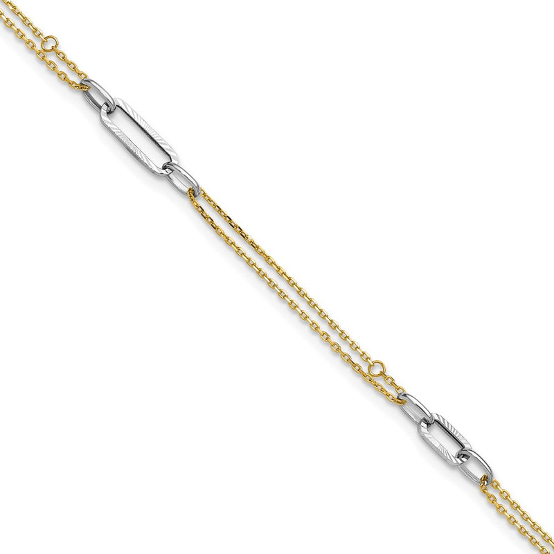 14K Two-Tone Gold Two-tone Polished Diamond-cut 3-Station Plus Extender Total Chain Anklet