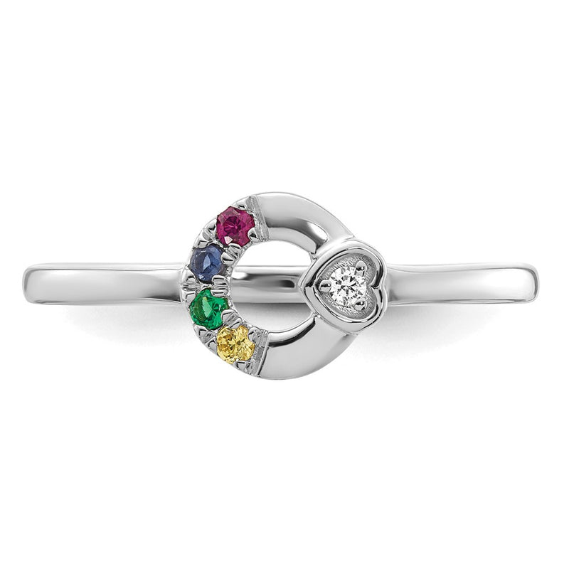 14K White Gold Diamond Heart with 4 Synthetic Birthstone Mother's Circle Ri