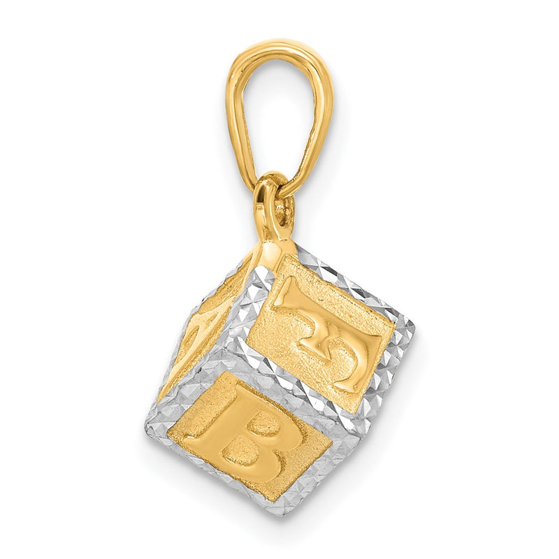 14K Yellow Gold and Rhodium Diamond-cut 3-D Baby Alphabet Block Pendant