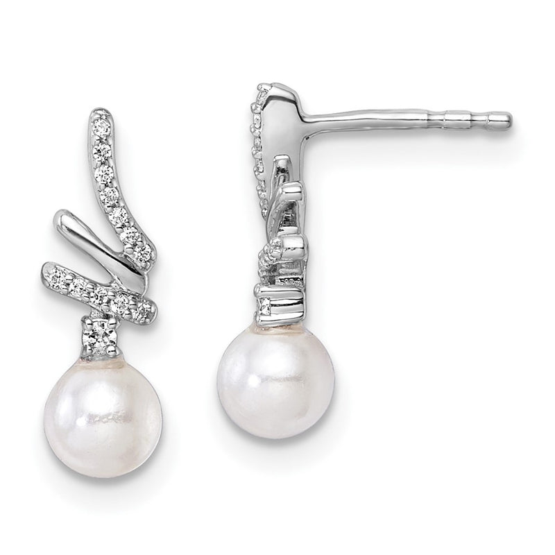 14K White Gold Polished 1/10 carat Diamond and White Freshwater Cultured Pearl Drop Post Earrings