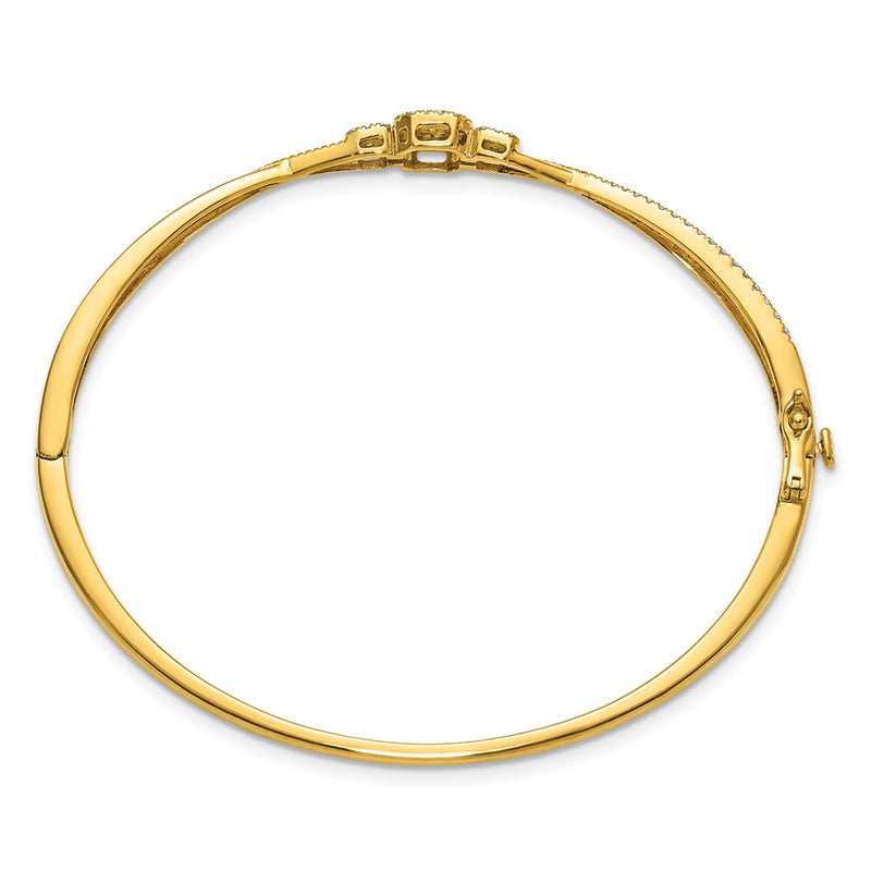14K Yellow Gold Polished and Textured Complete 1/2 carat Diamond Fashion Hinged Oval Bangle Bracelet
