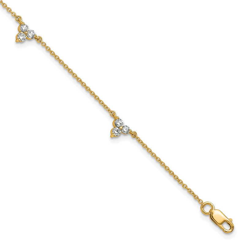14K Yellow Gold Complete 5/8 carat Diamond 3-Stone Cluster 4-Station 7 Inch Bracelet