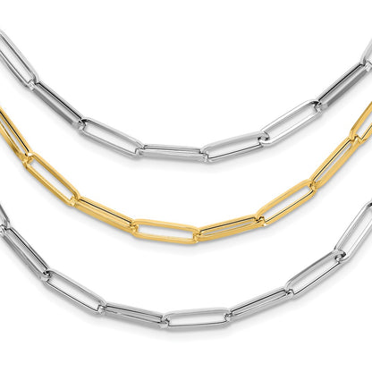 14K Two-Tone Gold Two-tone Polished Fancy Paperclip Link 3-Strand Bib 18.25 Inch Necklace