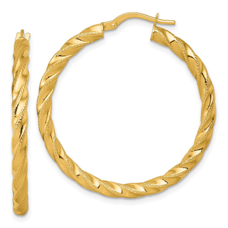 14K Yellow Gold Polished Diamond-cut Twisted 3.00 x 35mm Tube Hoop Earrings