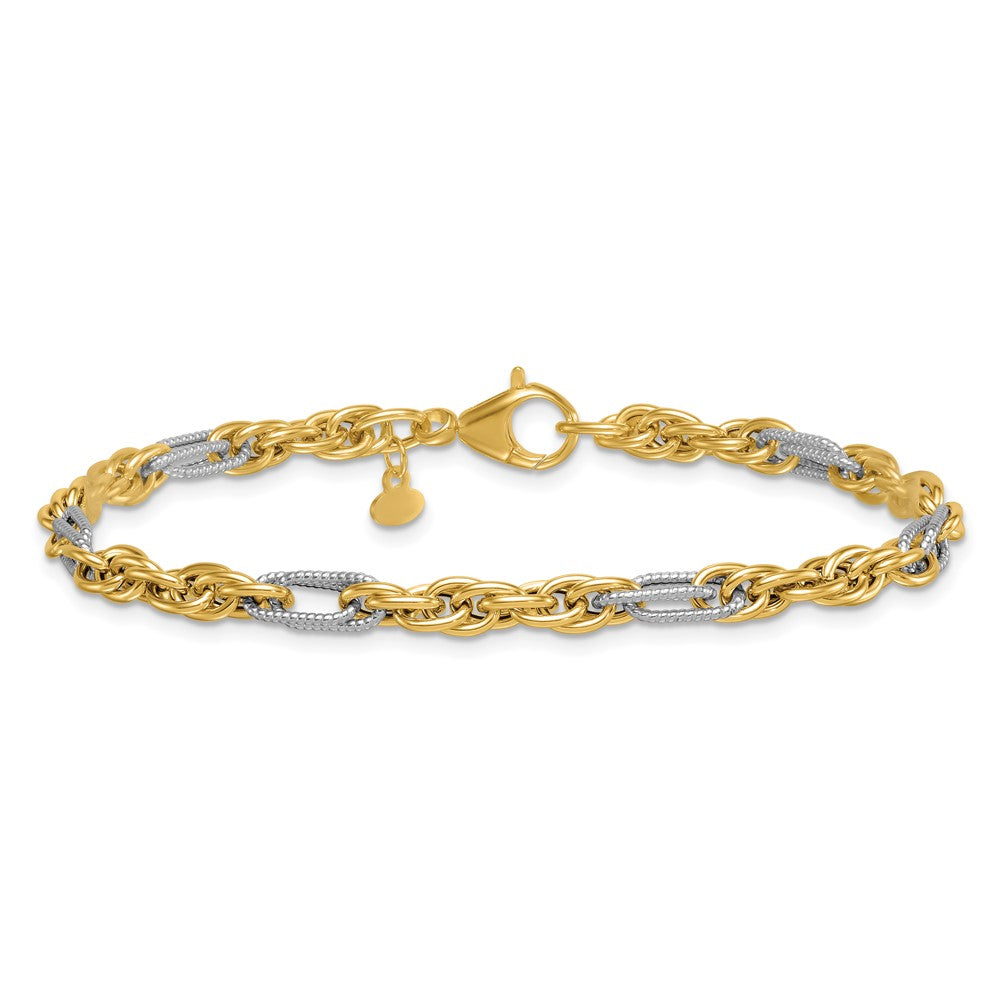 14K Yellow Gold with Rhodium Polished 4.2mm Fancy Rope Chain 7.5 Inch Bracelet