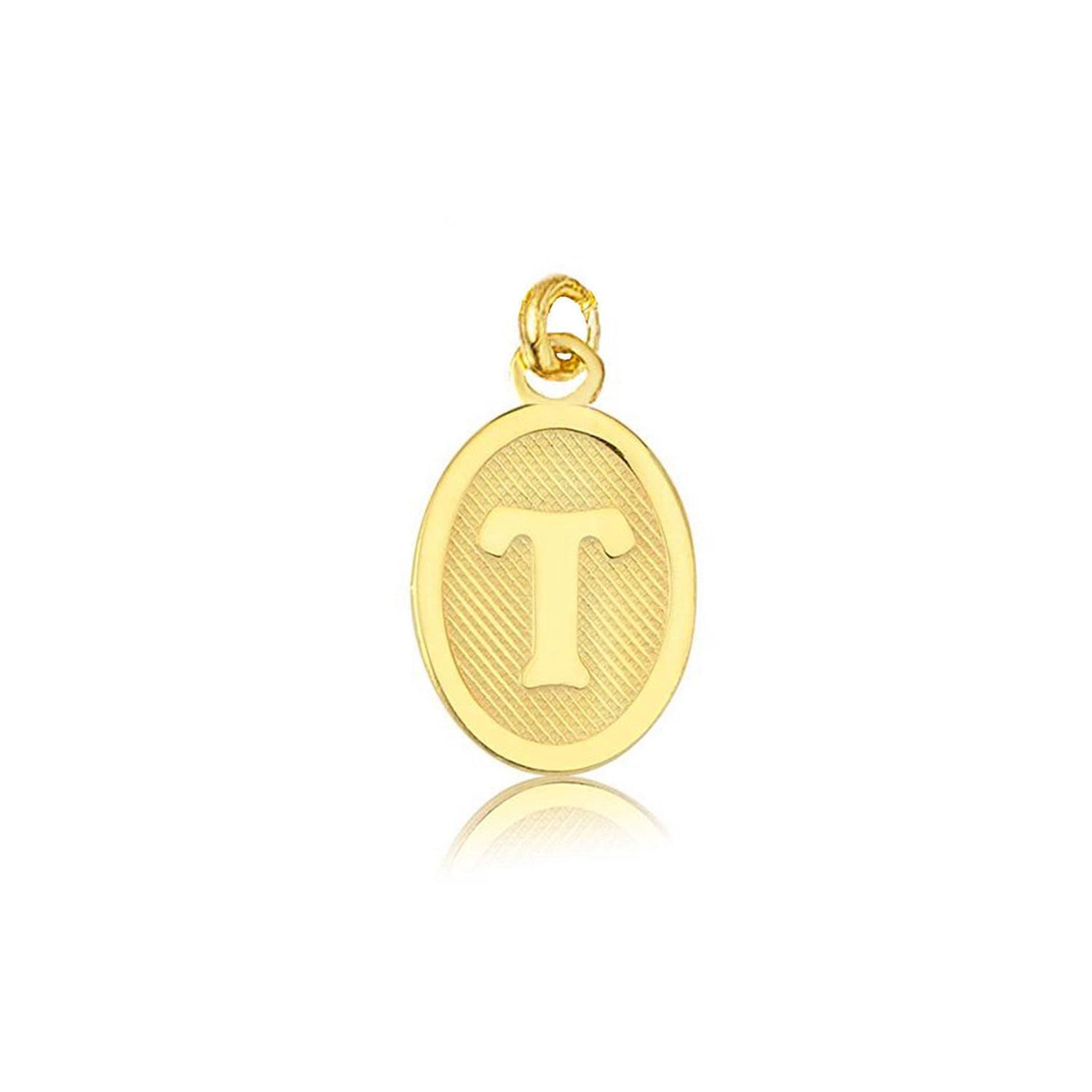 14K Yellow Gold Oval Initial T Pendant