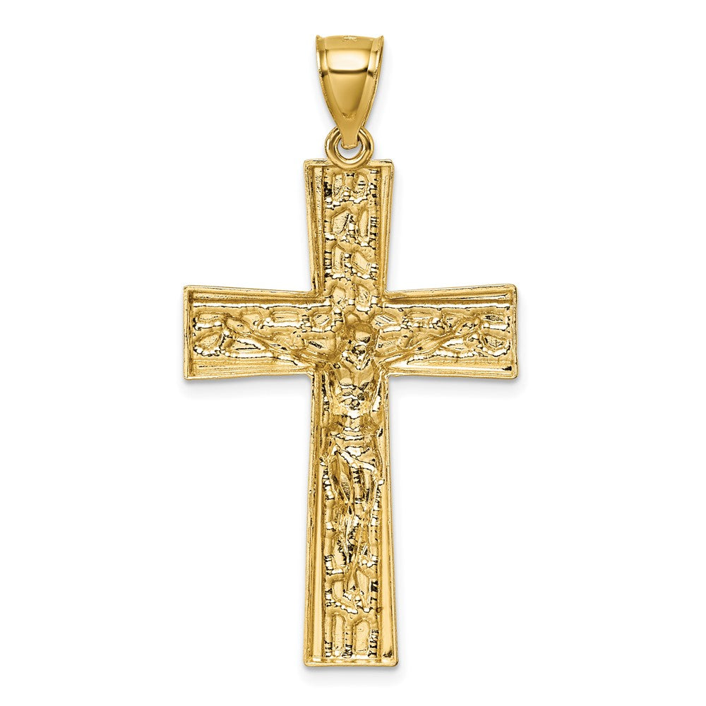 14K Yellow Gold and Rhodium Polished Diamond-cut Nugget Crucifix Pendant