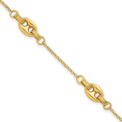 14K Yellow Gold Polished and Textured 10.6mm Greek Key Etched Link Chain Bracelet Plus Extender