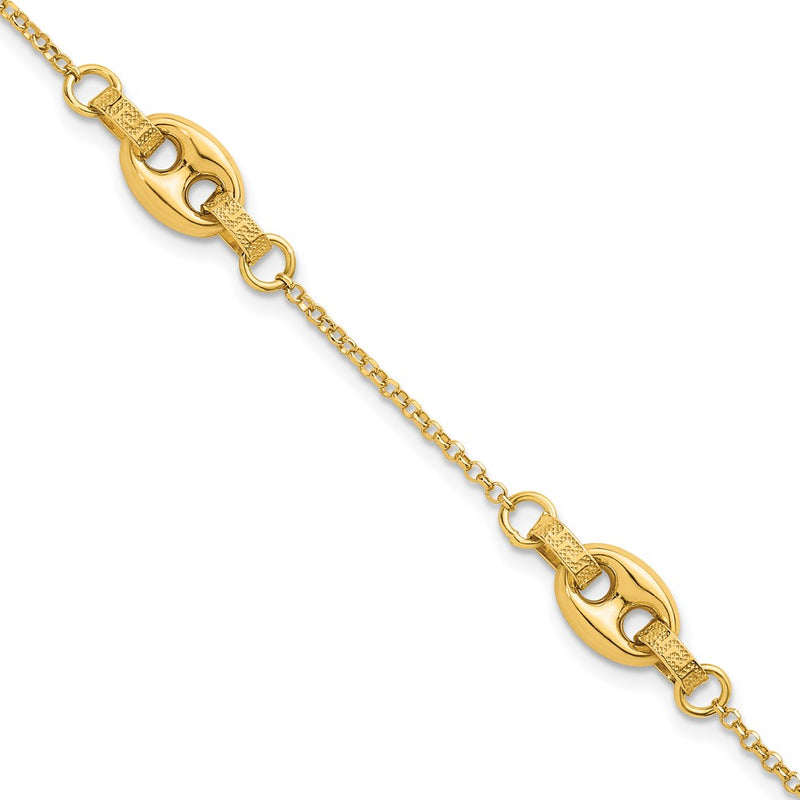 14K Yellow Gold Polished and Textured 10.6mm Greek Key Etched Link Chain Bracelet Plus Extender
