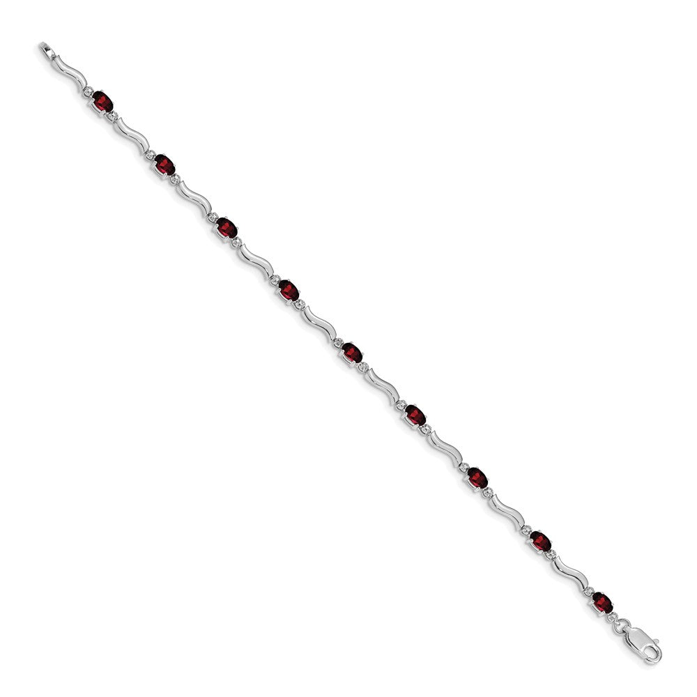 14K White Gold Complete Diamond and Oval Garnet Wavy Link 7 Inch Bracelet