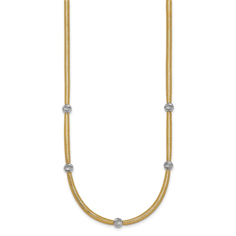 14K Yellow Gold Polished with Rhodium 5-Station Diamond-cut Beads 4mm Flexible Mesh 18 Inch Necklace