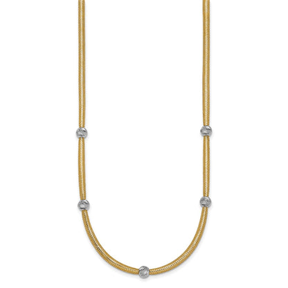 14K Yellow Gold Polished with Rhodium 5-Station Diamond-cut Beads 4mm Flexible Mesh 18 Inch Necklace