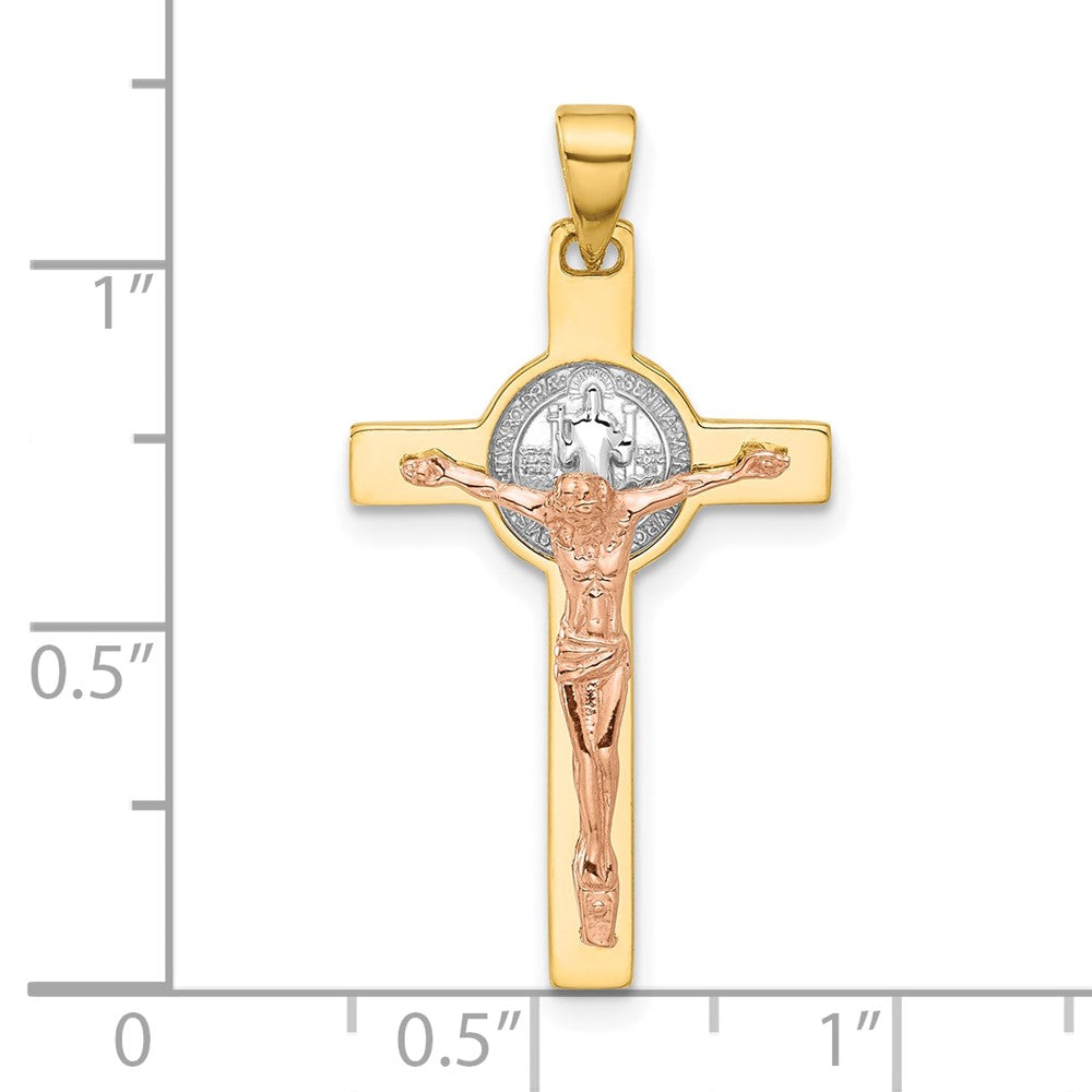 14K Two-Tone Gold Two-tone with Rhodium Crucifix and St Benedict Pendant
