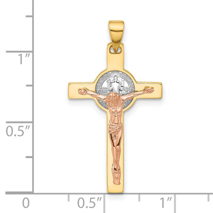 14K Two-Tone Gold Two-tone with Rhodium Crucifix and St Benedict Pendant