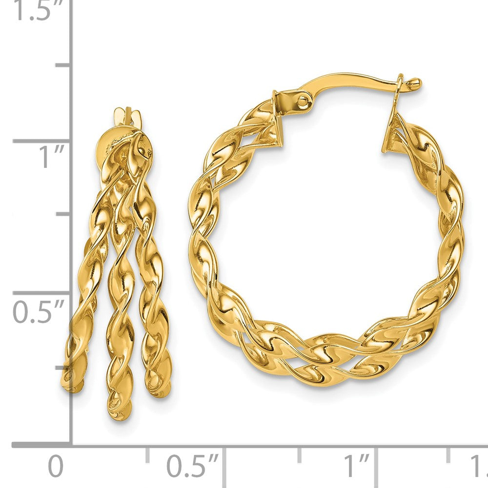 14K Yellow Gold Polished Three Strand Circle Twisted Hoop Earrings
