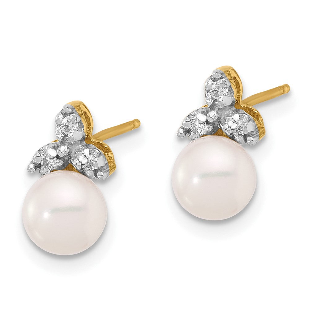 14K Yellow Gold 5-6mm Round Freshwater Cultured Pearl and .06 Carat Diamond Post Earrings