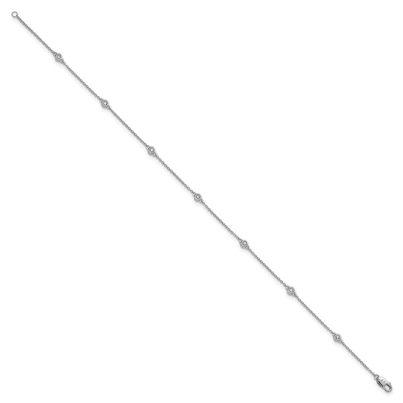 14K White Gold Complete 1/6 carat Bezel-set Diamond and Cable Chain 7-Station 9 Inch Anklet