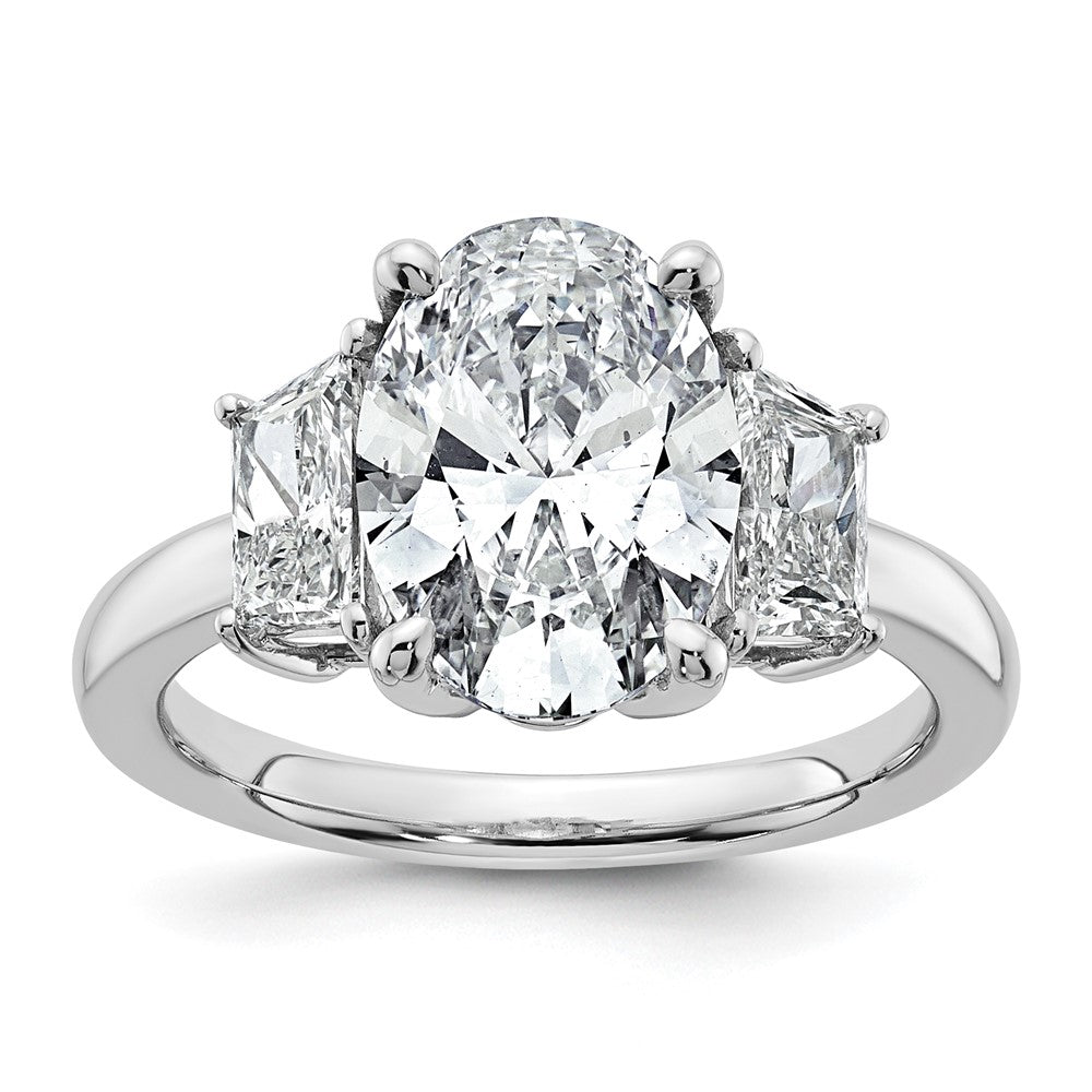 14K White Gold 1 carat Lab Grown Diamond VS+ F+ Trapezoid 3 carat Oval Semi Mount Three Stone Engagement Ring